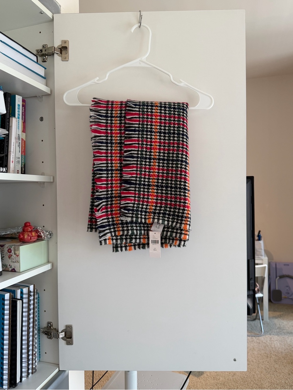 Plaid Fringe Scarf in Black, White, Pink & Orange